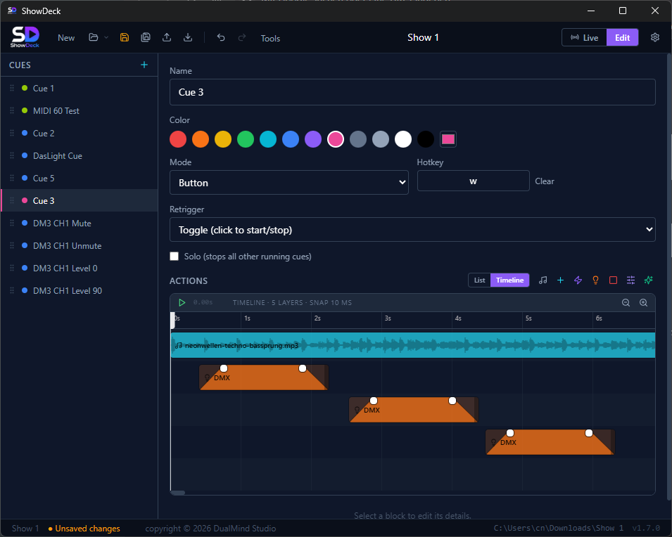 ShowDeck Timeline: Audio und DMX zeitlich abstimmen