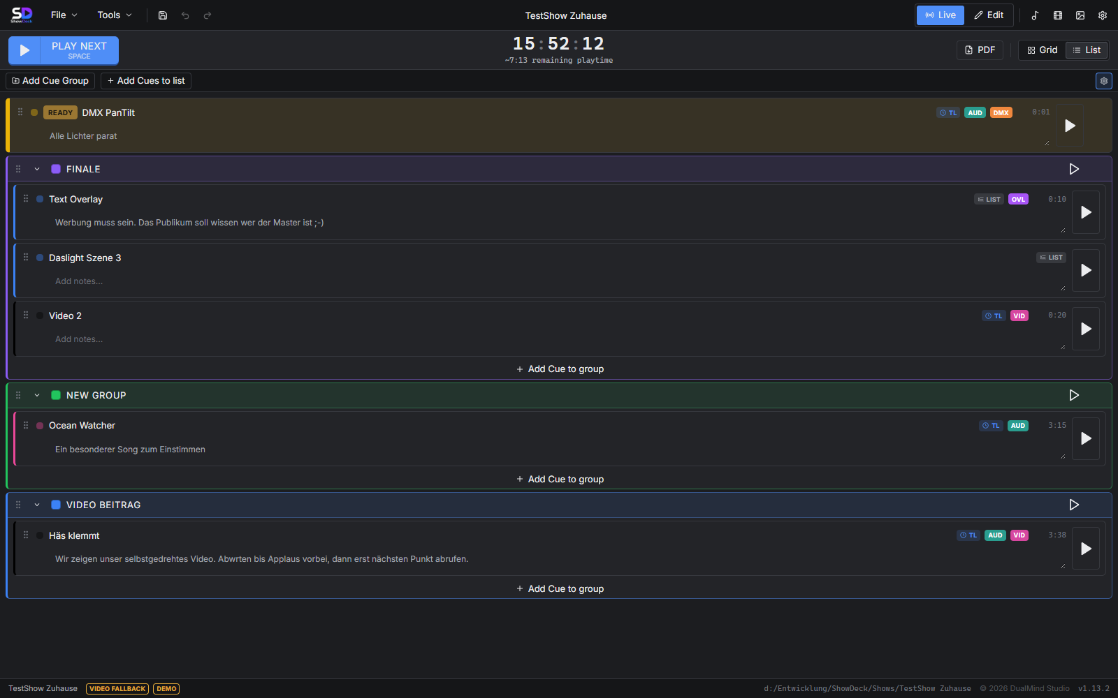 ShowDeck Listen-Ansicht: Cue-Liste mit Gruppen